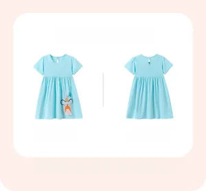 Front and back view of girls' light blue polka dot cotton dress with mouse design