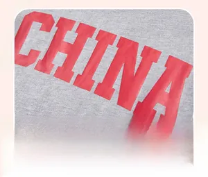 Detailed macro view of the 3D rubberized CHINA print on gray knitted cotton fabric