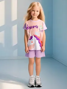 Conjunto de Verano para Niñas Estilo Little Maven con Camiseta de Manga Corta de Algodón y Pantalones Cortos con Estampa de Unicornio