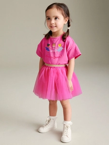 Girls pink tutu set with ballet graphic t-shirt and layered tulle skirt for dancing