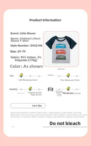 Maattabel en stofdetails voor Little Maven katoenen jongensshirt met busprint