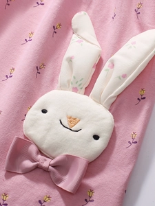 Robe en coton rose pour filles avec applique lapin 3D mignonne et détail de nœud