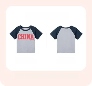 Detailed front and back view of boys cotton raglan sleeve t-shirt with China letter print