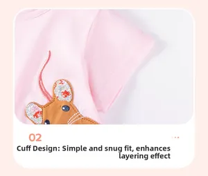 Close-up of pink cotton sleeve with smooth stitching and floral mouse embroidery detail