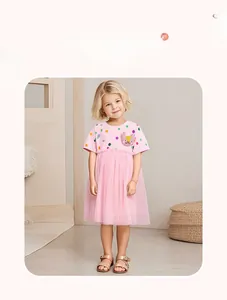Robe rose pour fille avec pois colorés, patch chat 3D et jupe en tulle vaporeux