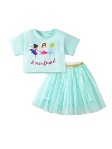 Girls mint green two-piece set featuring ballet dancer t-shirt and layered tulle skirt