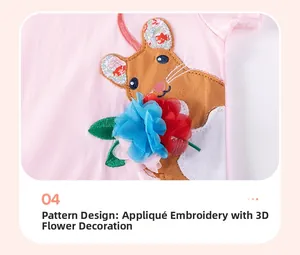 Detail of pink cotton dress showing mouse applique and 3D organza flower embroidery