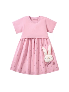 Robe rose en coton pour filles avec jupe à fleurs et décoration lapin mignonne