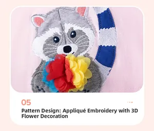 Detail of pink girls dress showing raccoon applique and 3D mesh flower embroidery