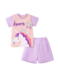 Conjunto de pijama de algodón rosa y morado para niñas con unicornio brillante