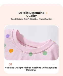 Détail du col d'une robe rose en coton avec pois colorés et coutures côtelées