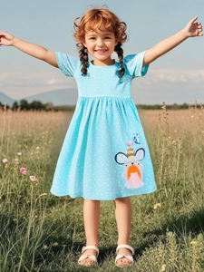 Short-sleeve light blue cotton dress for girls with white dots and mouse applique