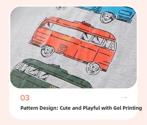 Detail van de kleurrijke busprint en katoenen stoftextuur op het t-shirt voor kinderen