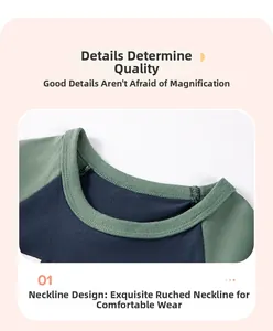 Detail of the ribbed crew neck design on a boys' color-block cotton short sleeve t-shirt
