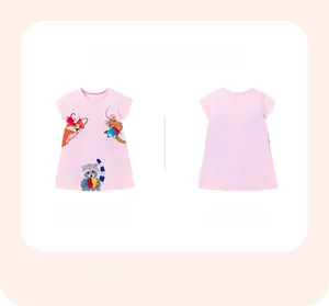 Front and back detail of pink cotton girls dress with fox and raccoon animal appliques