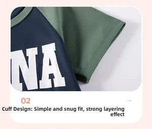 Close-up of raglan sleeve detail with navy and green stitching on cotton kids t-shirt