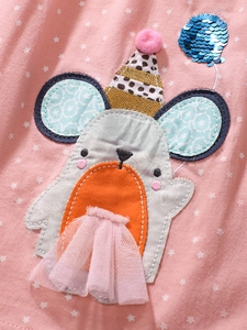 Pink cotton girls princess dress with mouse patchwork applique and sparkling sequins