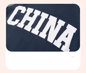 Detail of white CHINA lettering with high-quality glue print on navy blue cotton t-shirt