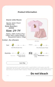 Tabella taglie e dettagli materiali per completo estivo in cotone rosa da bambina
