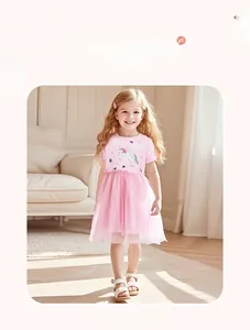 Robe rose pour fillettes avec broderie licorne, jupe en tulle et haut en coton doux