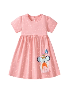 Pink cotton girls' dress with star prints and a 3D cartoon mouse embroidery on the skirt