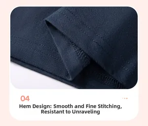 Detail of double-stitched hem on navy blue cotton t-shirt showing durable seam quality