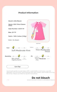 Détail de la robe rose en coton pour fille avec imprimé licorne et guide des tailles