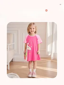 Robe d'été rose en coton pour filles avec motif licorne et manches raglan douces