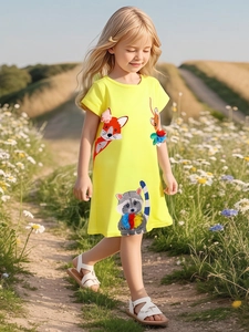 Girl's bright yellow summer dress with cartoon animal embroidery and floral appliques