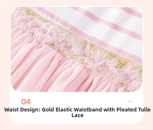 Detail eines rosa Tüllrocks mit goldenem Glitzer-Gummibund und gestreiftem Stoff