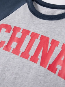 Short sleeve grey t-shirt for boys with blue raglan sleeves and red CHINA print on chest