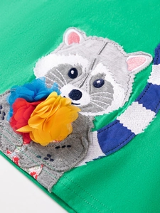 Green cotton girls dress with 3D chiffon flowers and raccoon embroidery detail