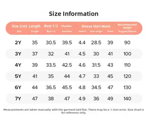 Guide des tailles pour ensemble jupe en coton fille de 2 à 7 ans avec mensurations