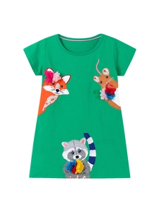 Bright green cotton girls' dress with cute animal applique and 3D mesh flower details