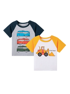 Twee stuks katoenen kinder-t-shirts met kleurrijke bus- en bulldozer-cartoongraphics