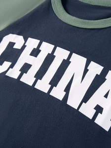 Kids navy blue and green short sleeve T-shirt with CHINA print and ribbed crew neck