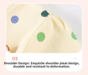 Détail de robe en coton jaune avec pois colorés et design de manches bouffantes plissées
