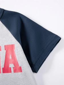 Raglan sleeve detail of boys' cotton T-shirt with red letter print and grey marl texture