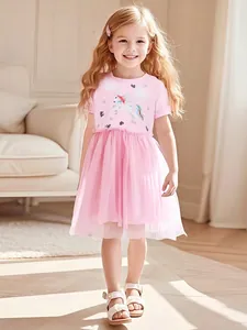 Robe Tutu en Coton à Manches Courtes d'Été pour Filles Robe de Princesse Rose avec Broderie Licorne pour Enfants Tenue
