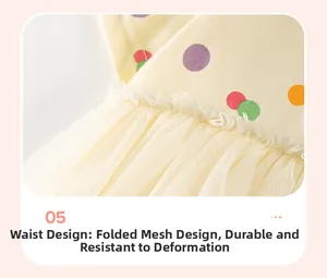 Détail de la taille élastique avec tulle plissé et pois colorés sur la robe pour filles