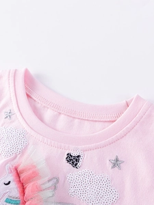 Robe rose pour filles en coton avec broderie licorne, crinière en tulle et paillettes