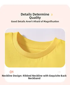 Détail du col d'un t-shirt jaune en coton avec bord-côte et bande de propreté interne