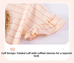 Détail de la manche rayée rose avec poignets froncés et design de feuille de lotus