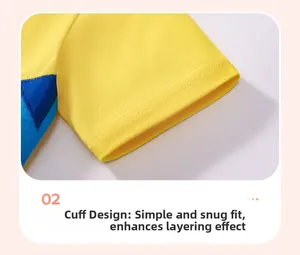 Détail des poignets en coton doux d'un t-shirt jaune pour garçons avec dessin