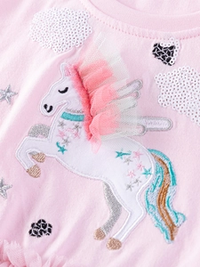 Robe princesse rose fille avec broderie licorne en tulle 3D et étoiles argentées