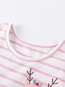 Rosa-weiß gestreiftes Mädchenkleid mit süßer 3D-Reh-Stickerei und kurzen Ärmeln