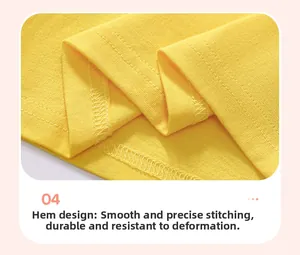 Détail de l'ourlet du t-shirt en coton jaune avec surpiqûres à double aiguille durables