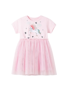 Robe en tulle rose à manches courtes pour filles avec broderie licorne en coton
