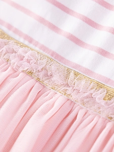 Rosa gestreiftes Mädchen-Prinzessinnenkleid mit goldenem Band und Tüllrock-Detail