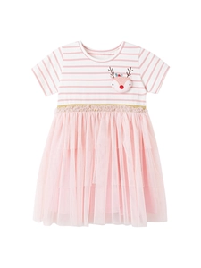 Mädchen Rosa gestreiftes Kurzarm Prinzessin Tutu Kleid mit süßer Rentier Bestickung